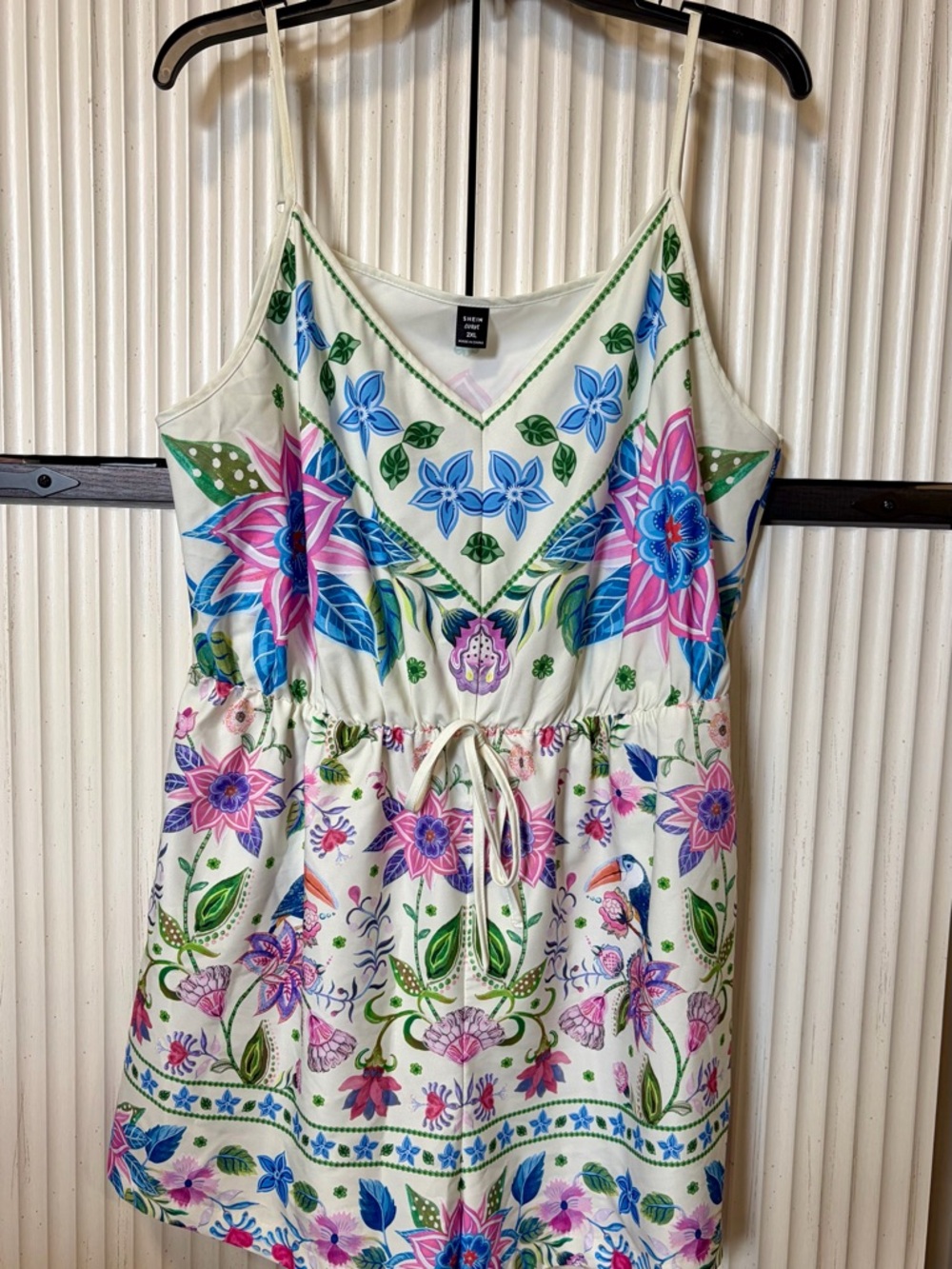 SHEIN Cream Floral Drawstring Romper with Pink & Blue Flowers